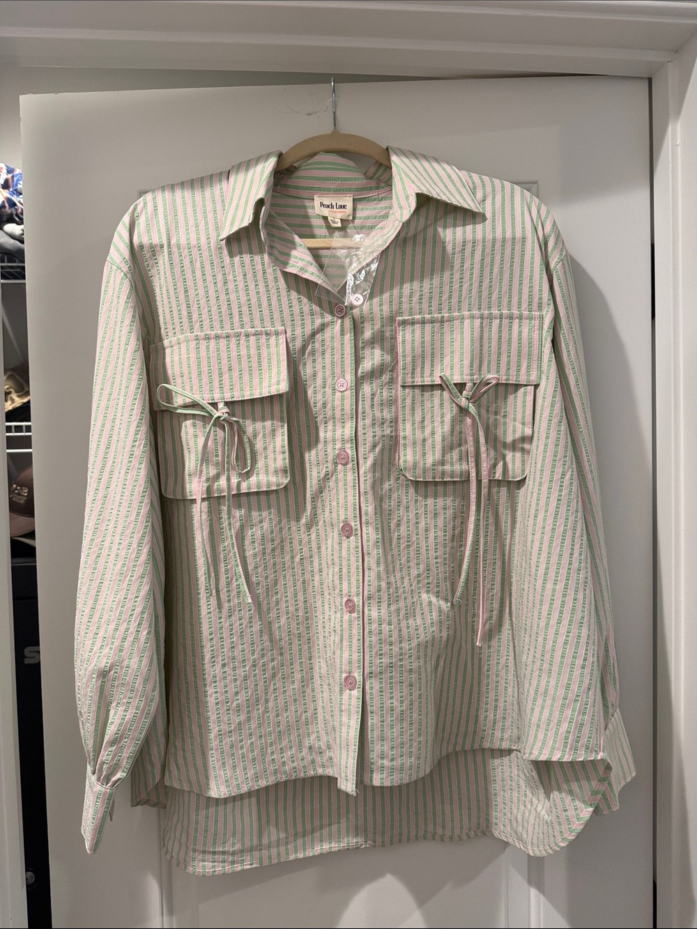 Peach Love California Cream Button-Down with Green & Pink Stripes